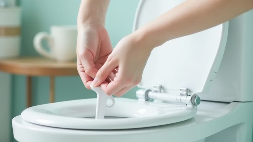 Zwei Hände lösen die Quick-Release-Verriegelung eines weißen WC-Sitzes am Scharnier