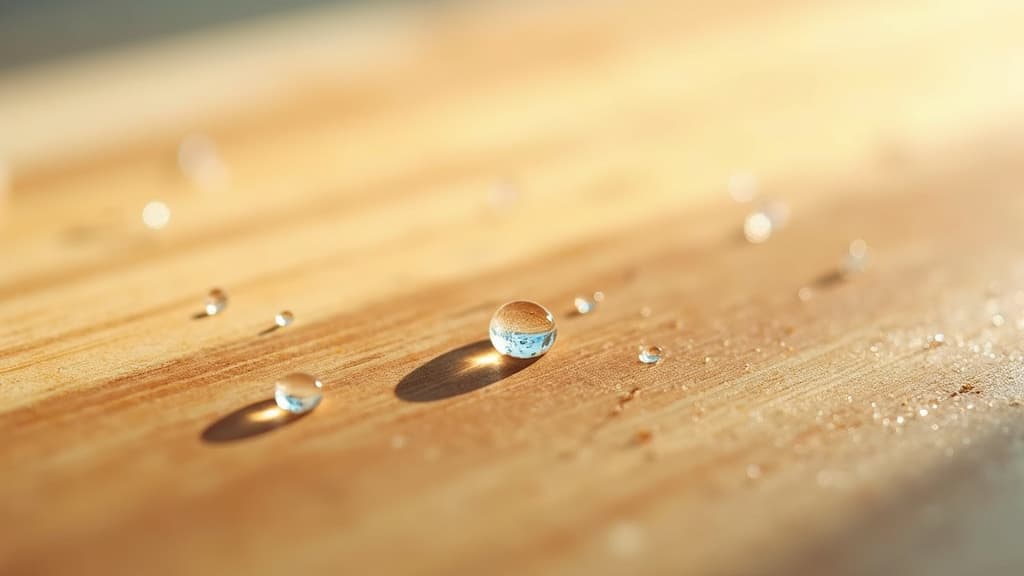 Nahaufnahme von Wassertropfen auf einer lackierten Holzoberfläche, Maserung durch den glänzenden Lack sichtbar