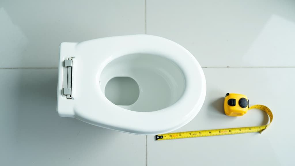Weißer WC-Sitz liegt auf hellem Badezimmerboden, ein Scharnier ist seitlich sichtbar, daneben liegt ein gelbes Maßband