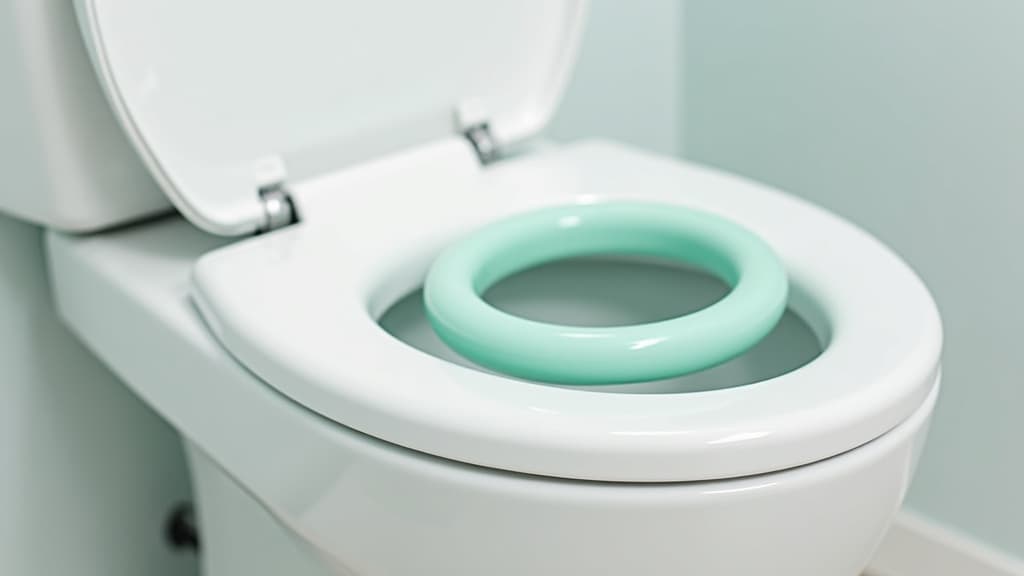 Kleiner mintgrüner Sitzverkleinerer für Kinder liegt auf einem großen weißen Erwachsenen-WC-Sitz