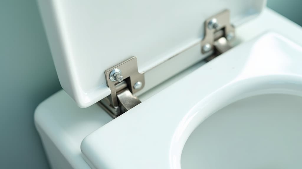 Nahaufnahme der Scharniere aus Edelstahl und der Befestigungsbolzen am hinteren Rand eines weißen WC-Sitzes