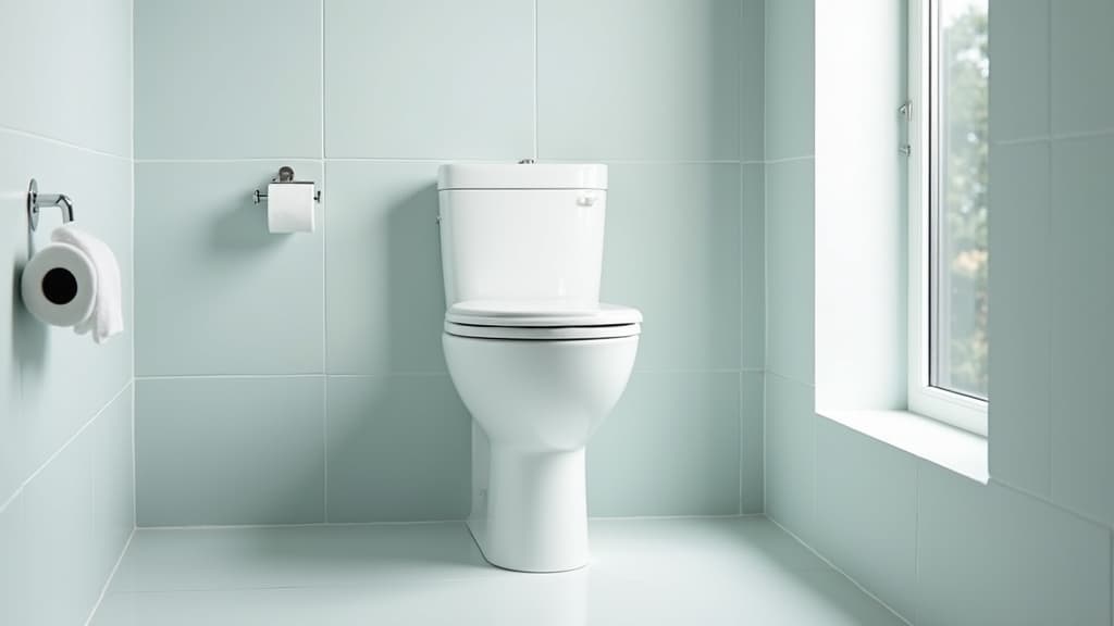 Weißes Stand-WC mit geschlossenem Deckel in einem hellen, gefliesten Badezimmer, daneben ein Toilettenpapierhalter, Tageslicht vom Fenster
