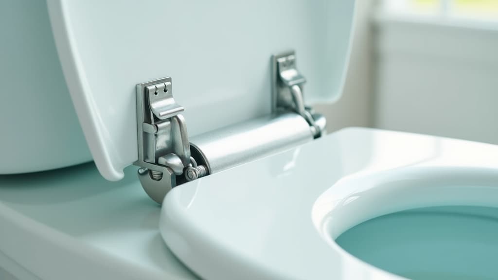 Nahaufnahme eines glänzenden Metallscharniers an der Rückseite eines weißen WC-Sitzes