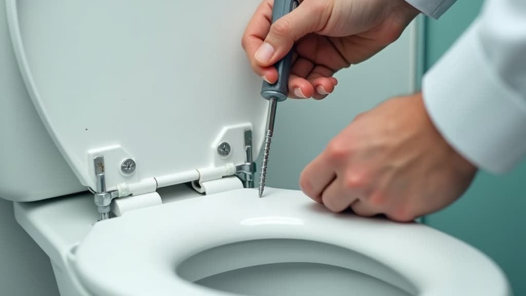 Hand zieht mit einem Schraubendreher die hinteren Scharnierschrauben eines weißen WC-Sitzes an, Scharniere und Befestigungsschrauben sichtbar