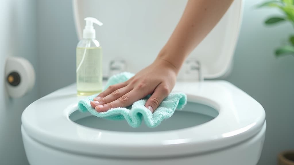Eine Hand wischt mit einem türkisfarbenen Mikrofasertuch über einen glänzend weißen WC-Sitz, daneben eine kleine Sprühflasche